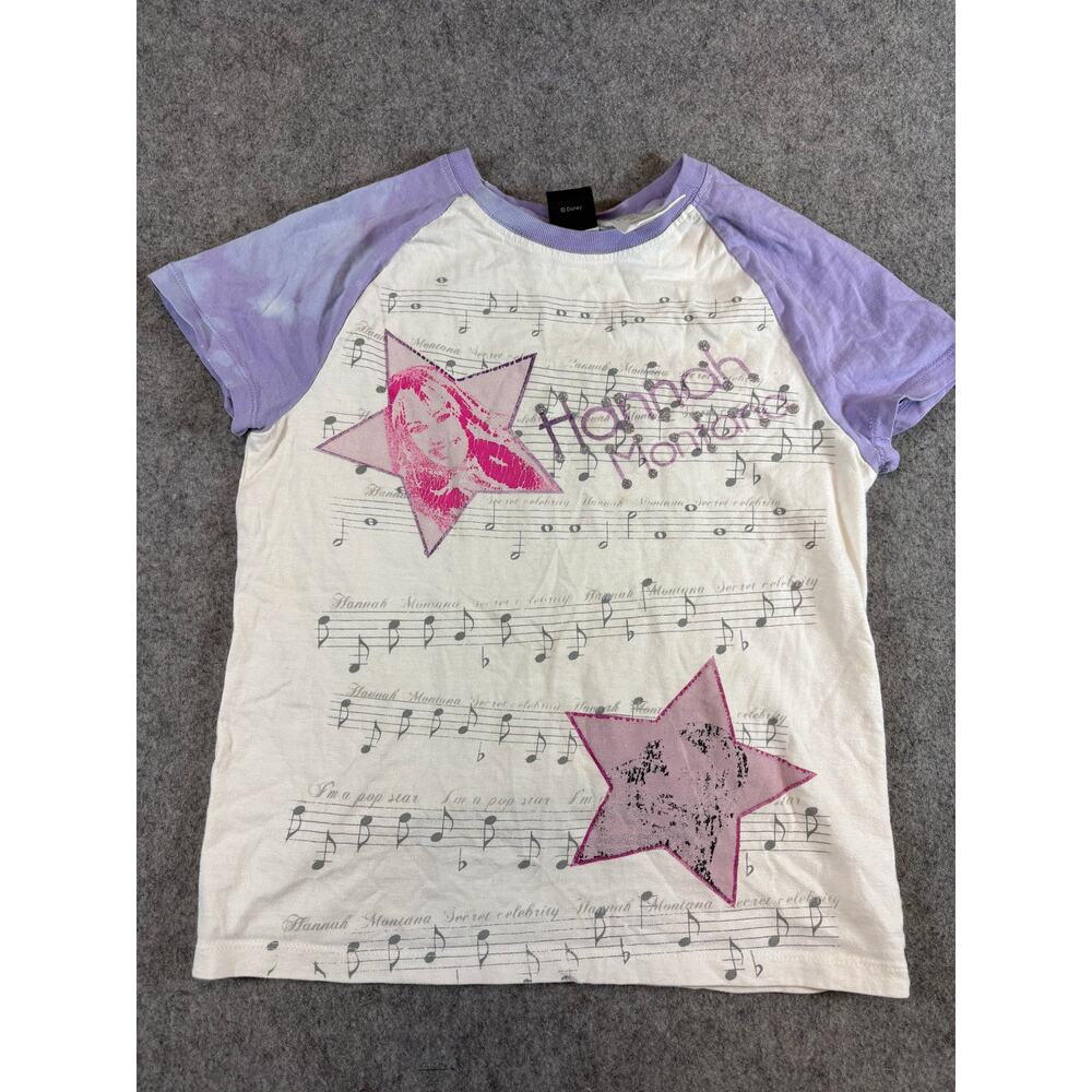 Hannah Montana Raglan Sleeve Shirt Girls L 10-12 White Musical Staff Stars AOP